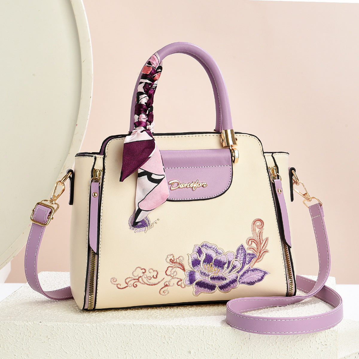 Embroidered PU Handbag with Adjustable Strap