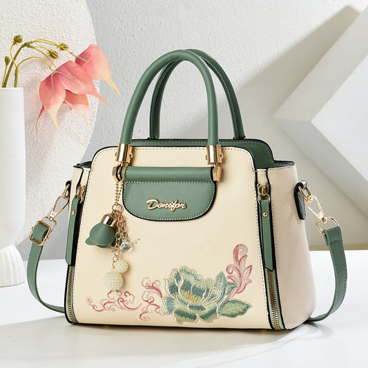 Embroidered PU Handbag with Adjustable Strap