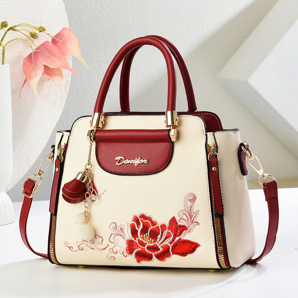 Embroidered PU Handbag with Adjustable Strap