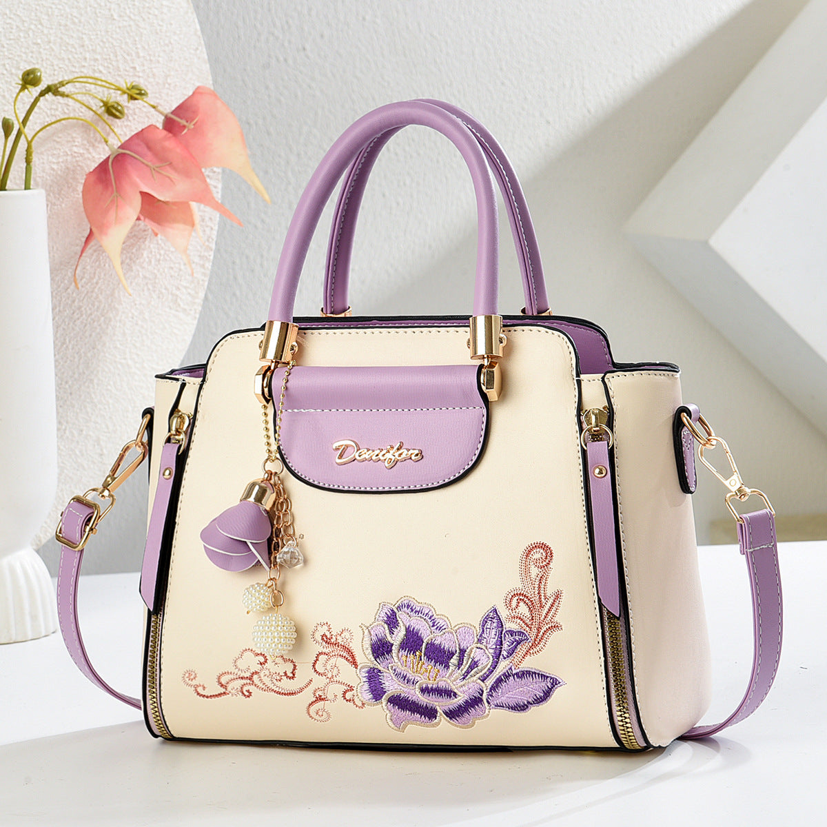 Embroidered PU Handbag with Adjustable Strap