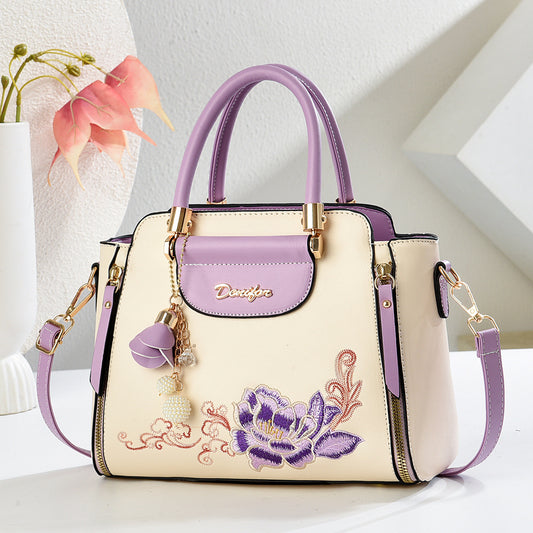 Embroidered PU Handbag with Adjustable Strap