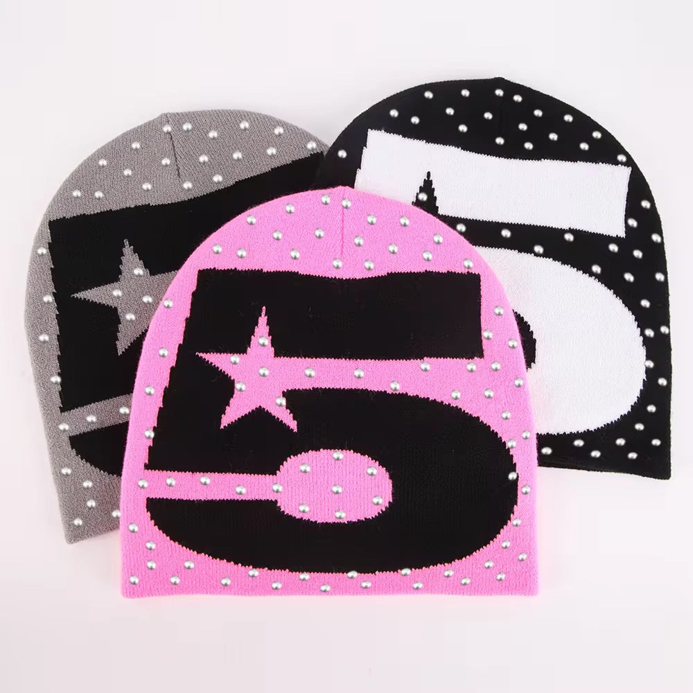 Embroidered Rhinestone Knitted Beanie