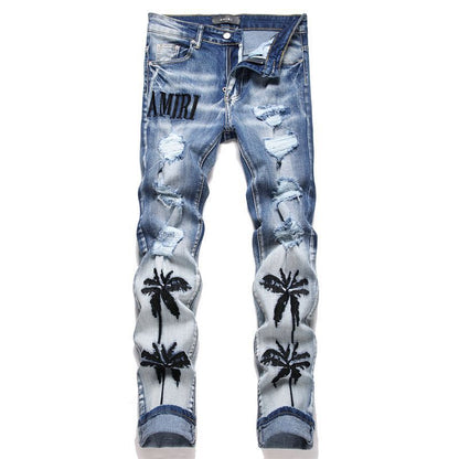 Embroidered Ripped Slim Fit Jeans
