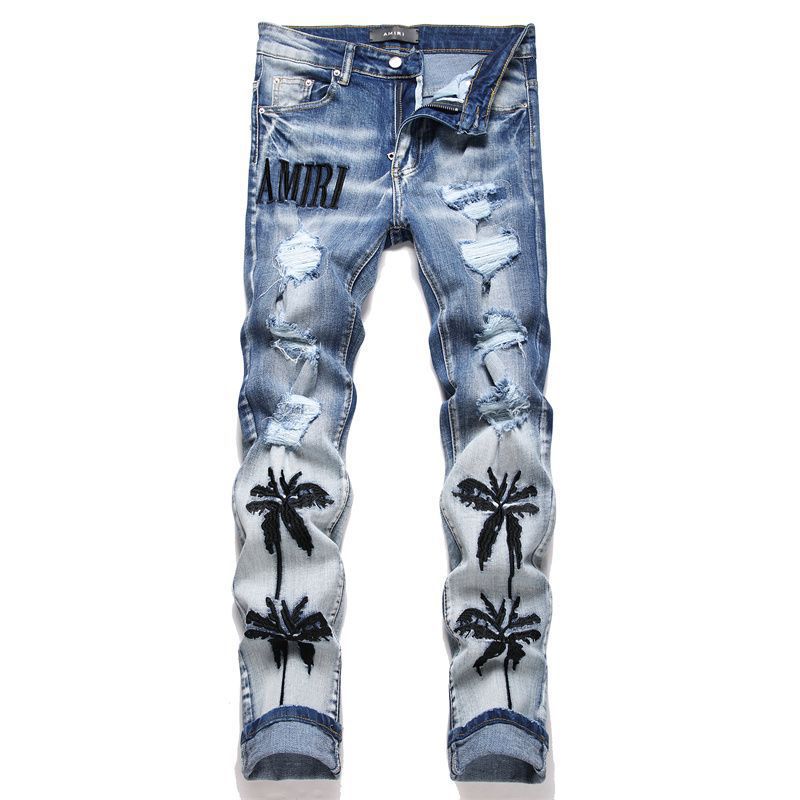 Embroidered Ripped Slim Fit Jeans