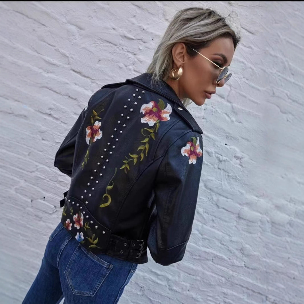 Embroidered rivet leather jacket