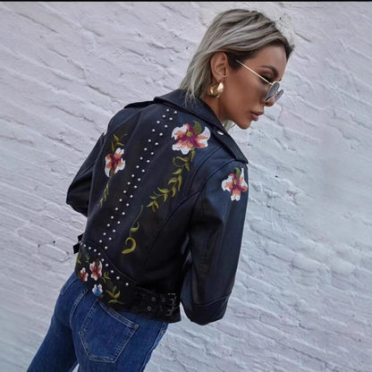 Embroidered rivet leather jacket