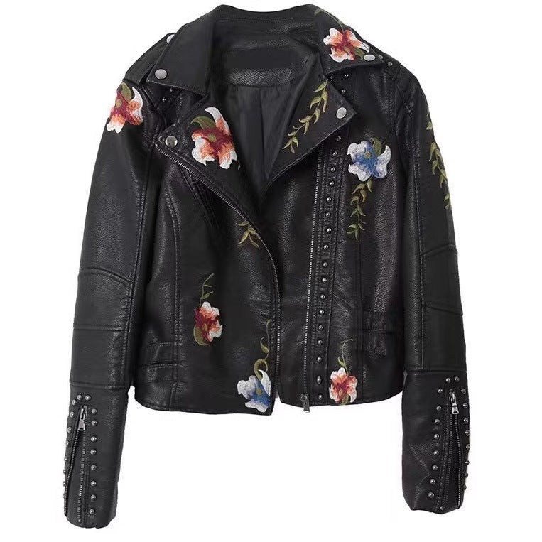 Embroidered rivet leather jacket