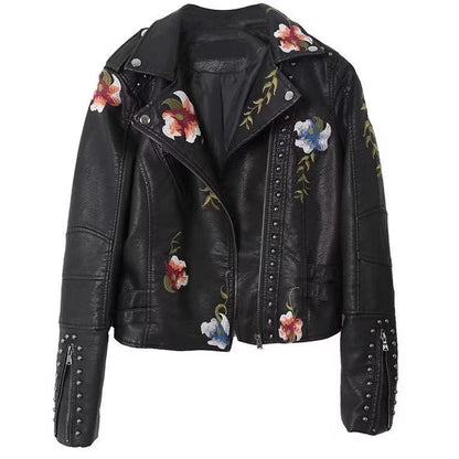 Embroidered rivet leather jacket