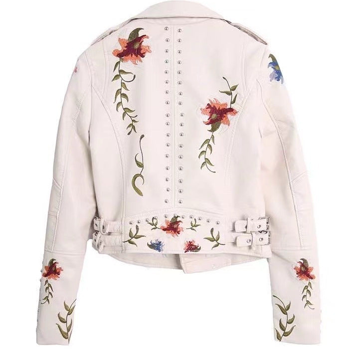 Embroidered rivet leather jacket