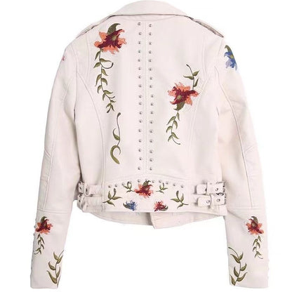 Embroidered rivet leather jacket