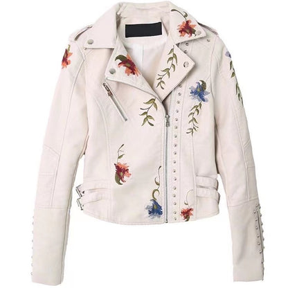Embroidered rivet leather jacket