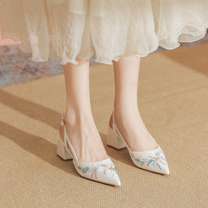 Embroidered Satin High Heel Sandals