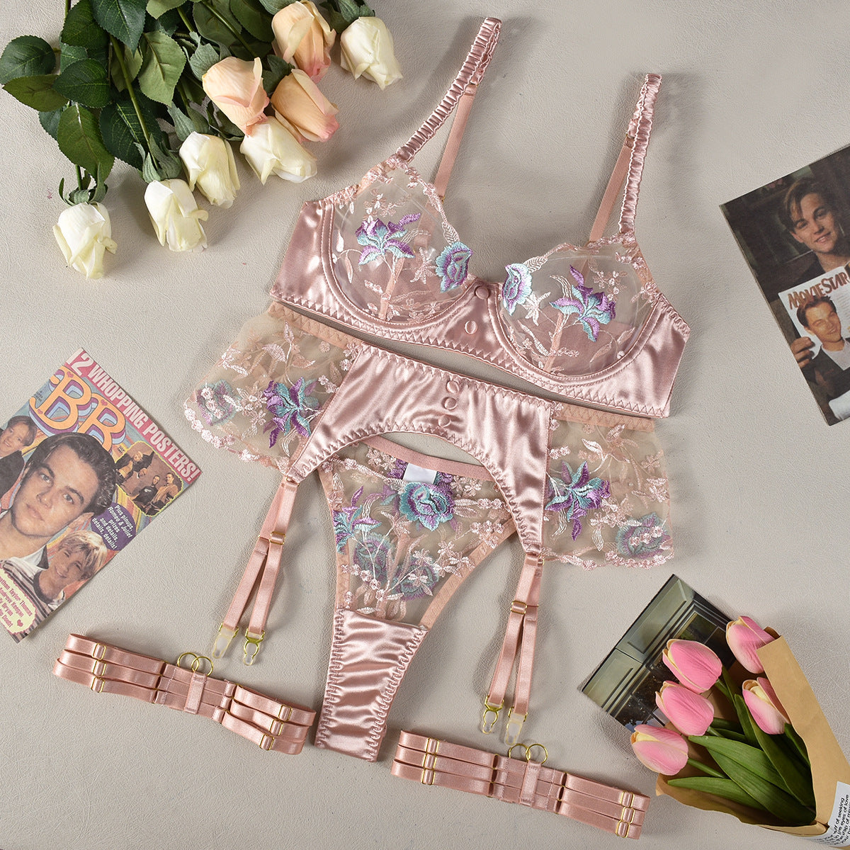 Embroidered Satin Lingerie Set with Lace