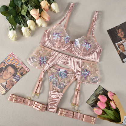 Embroidered Satin Lingerie Set with Lace