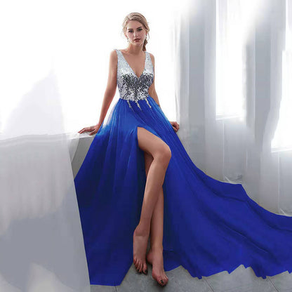 Embroidered Sequin V-Neck Long Evening Dress