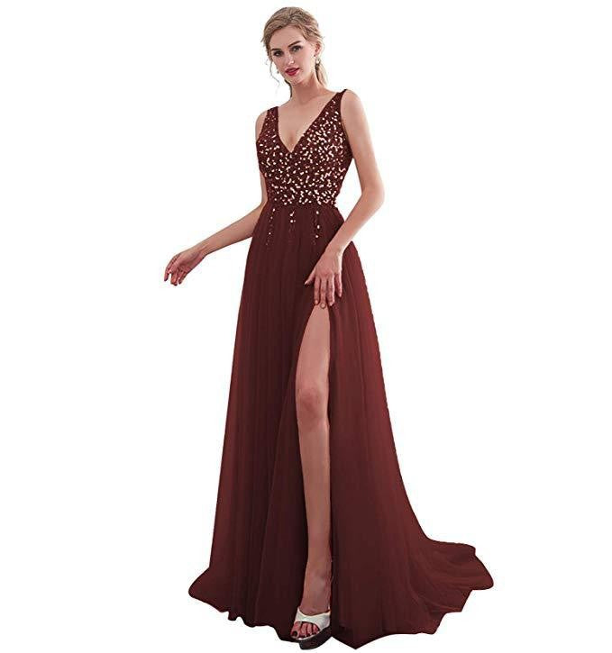 Embroidered Sequin V-Neck Long Evening Dress