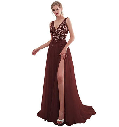 Embroidered Sequin V-Neck Long Evening Dress