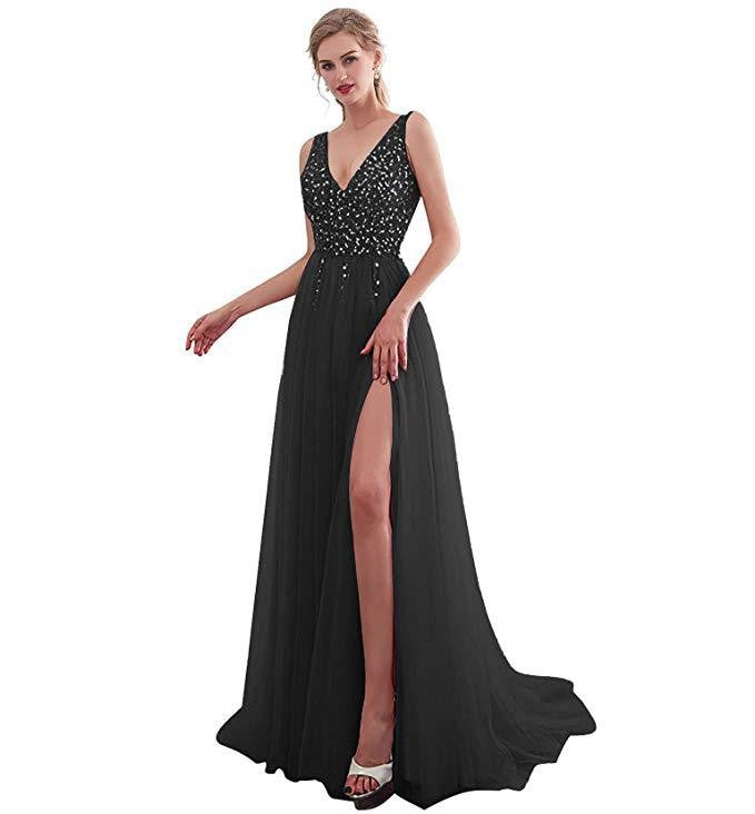 Embroidered Sequin V-Neck Long Evening Dress