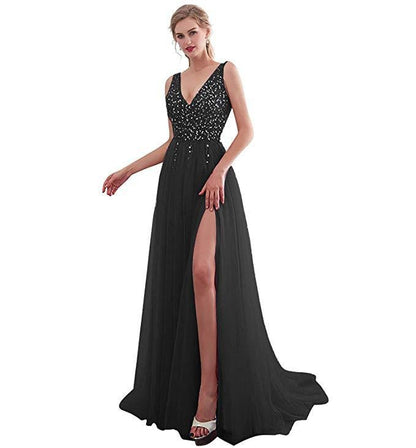 Embroidered Sequin V-Neck Long Evening Dress