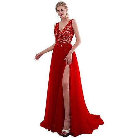 Embroidered Sequin V-Neck Long Evening Dress