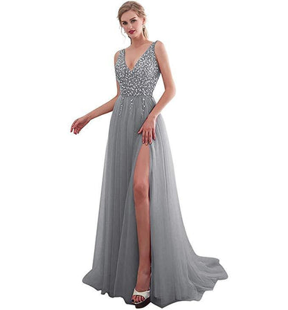 Embroidered Sequin V-Neck Long Evening Dress