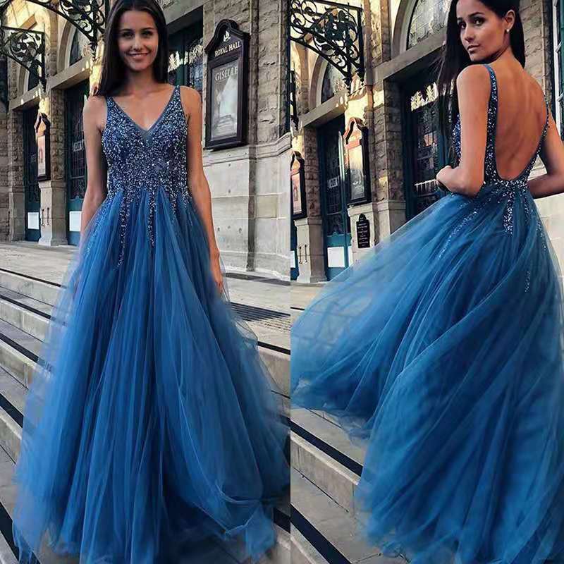 Embroidered Sequin V-Neck Long Evening Dress