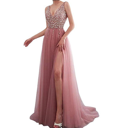 Embroidered Sequin V-Neck Long Evening Dress