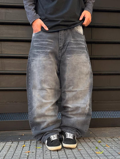 Embroidered Skull Pattern Loose Fit Denim Trousers