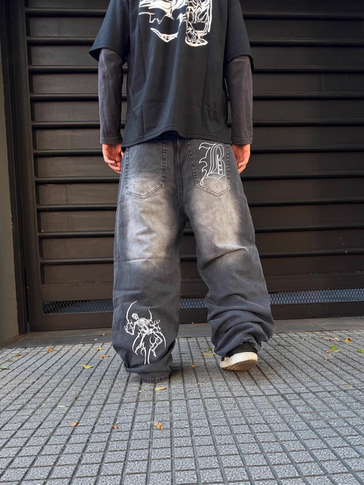 Embroidered Skull Pattern Loose Fit Denim Trousers
