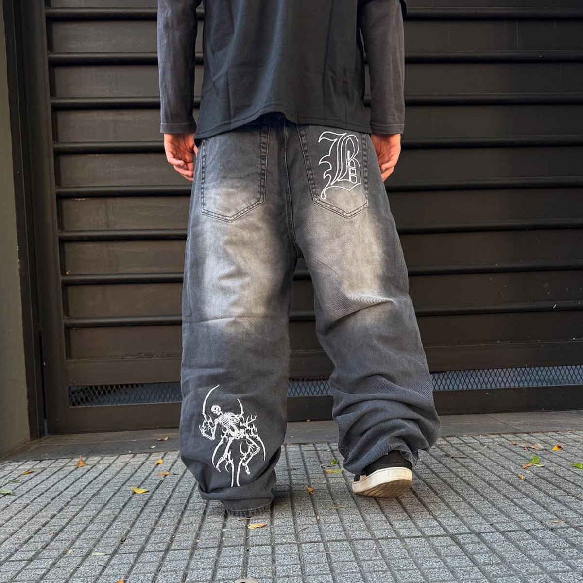 Embroidered Skull Pattern Loose Fit Denim Trousers