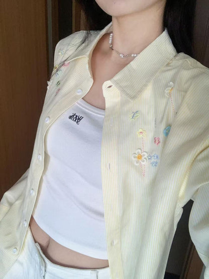 Embroidered Striped Shirt Cardigan