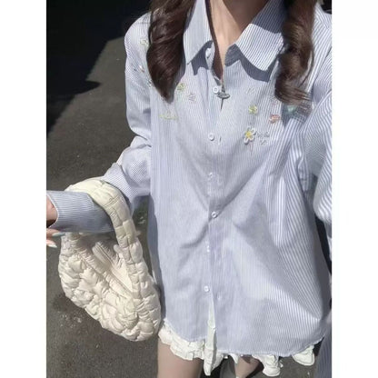 Embroidered Striped Shirt Cardigan
