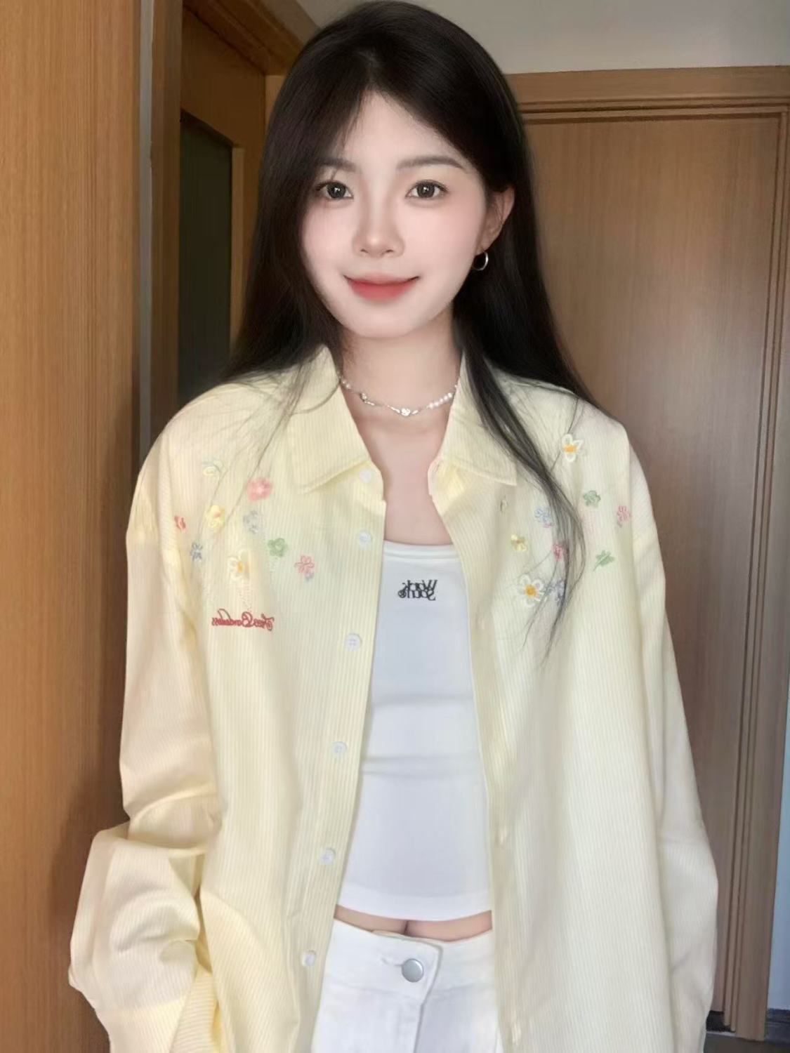 Embroidered Striped Shirt Cardigan