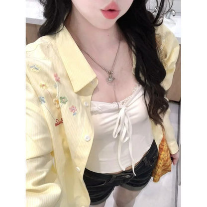 Embroidered Striped Shirt Cardigan