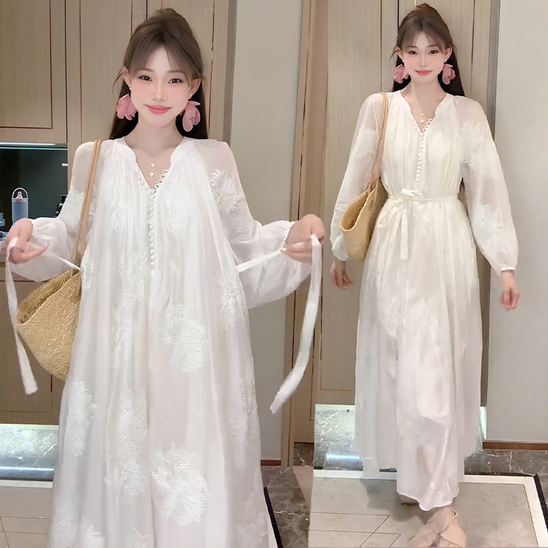 Embroidered Tencel Long-Sleeve Dress