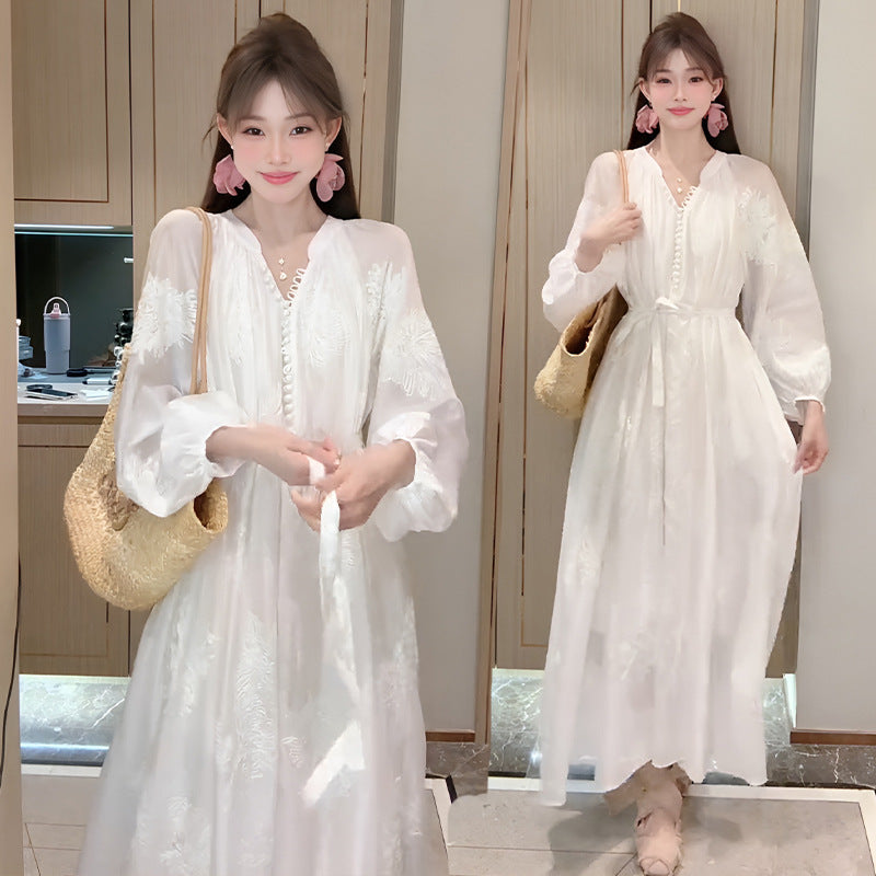 Embroidered Tencel Long-Sleeve Dress