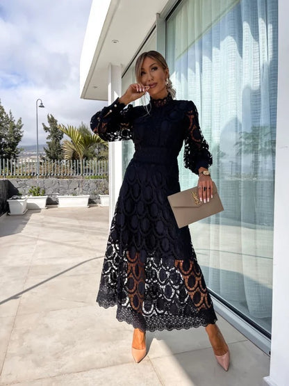 Embroidered Waist Bubble Sleeve Swing Dress