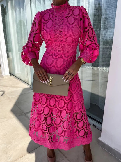 Embroidered Waist Bubble Sleeve Swing Dress