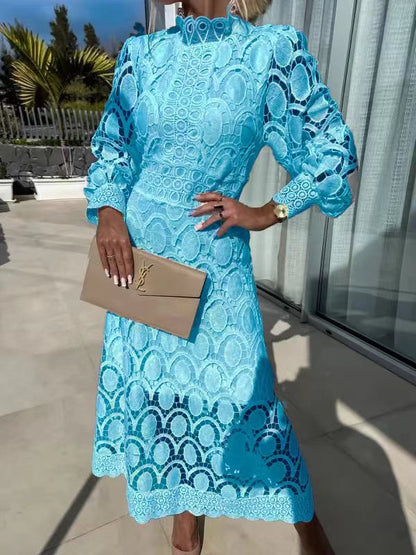 Embroidered Waist Bubble Sleeve Swing Dress