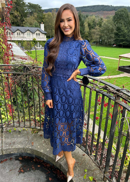 Embroidered Waist Bubble Sleeve Swing Dress