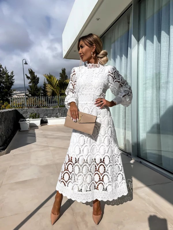 Embroidered Waist Bubble Sleeve Swing Dress