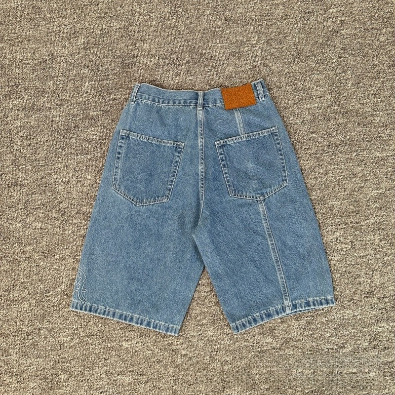 Embroidered Washed Denim Shorts