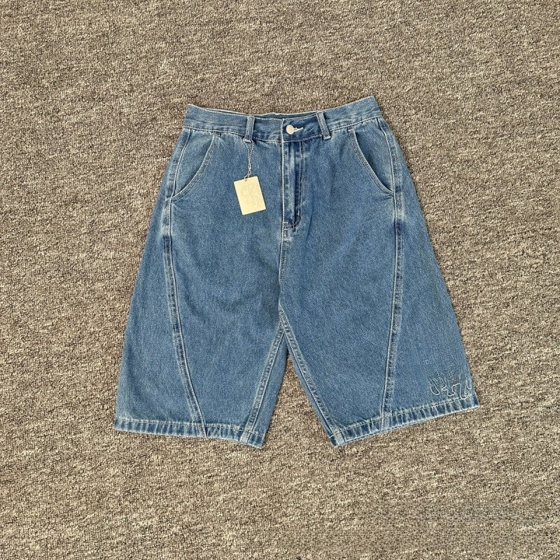Embroidered Washed Denim Shorts