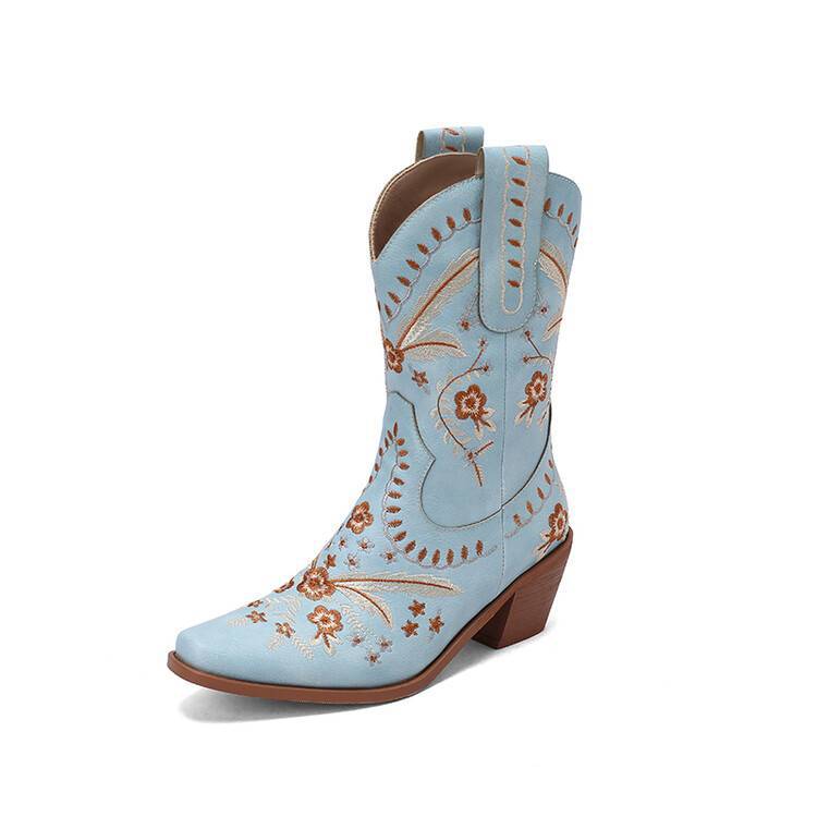 Embroidered Western Boots with Thick Heel