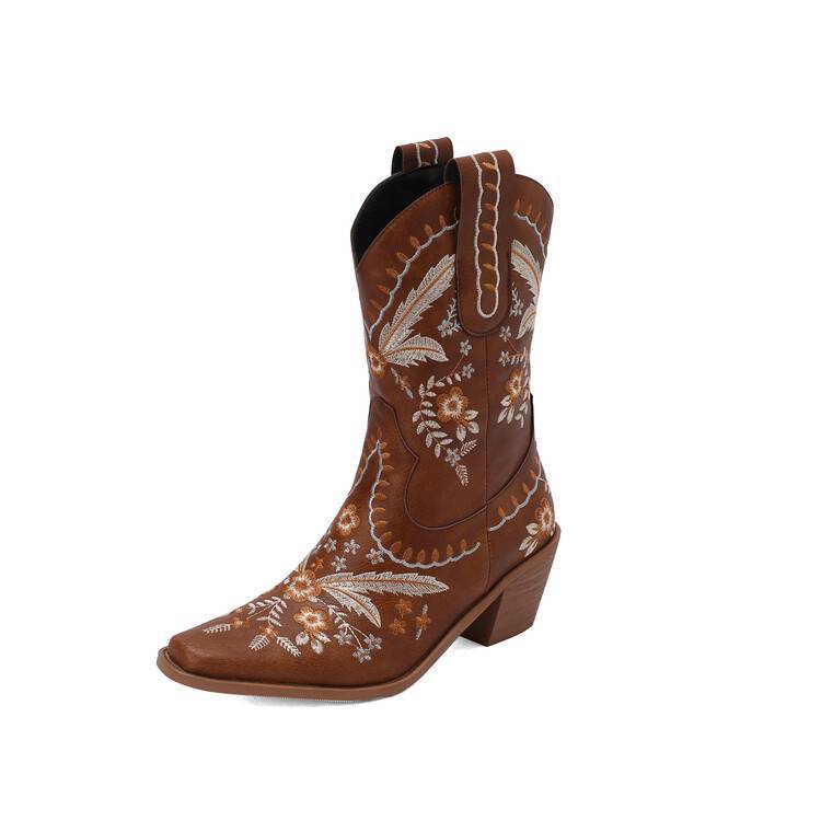 Embroidered Western Boots with Thick Heel