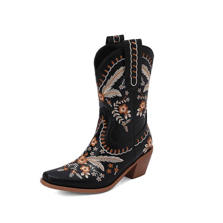 Embroidered Western Boots with Thick Heel