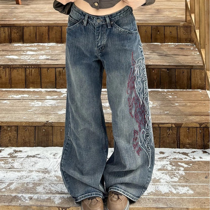 Embroidered Wide-Leg Denim Pants