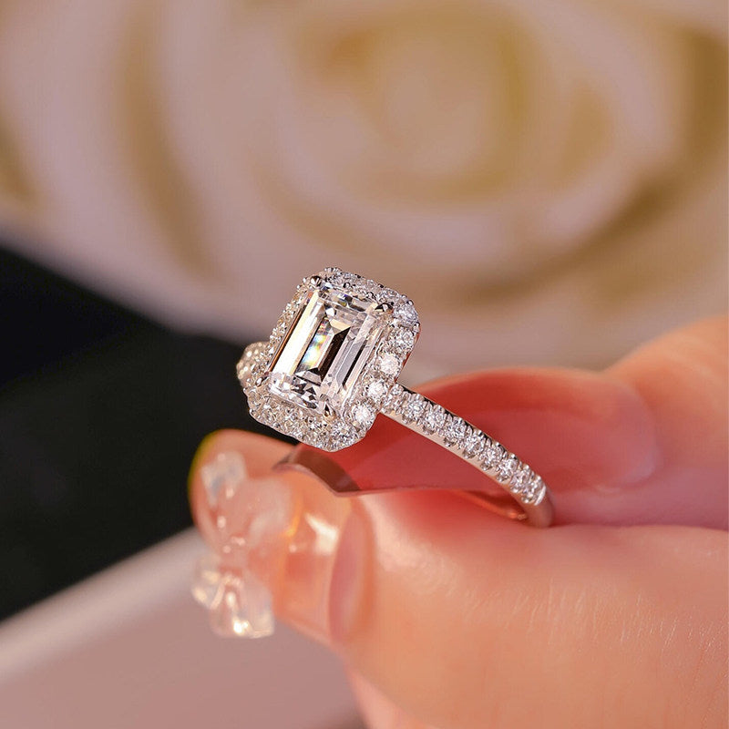 Emerald Cut Moissanite Silver Wedding Ring