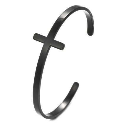 Engraved Open C-Shaped Cross Cuff Stainless Steel Bracelet