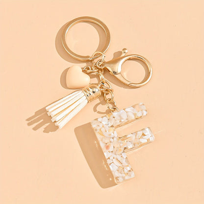 Epoxy Letter Keychain with Tassel and Heart Charm